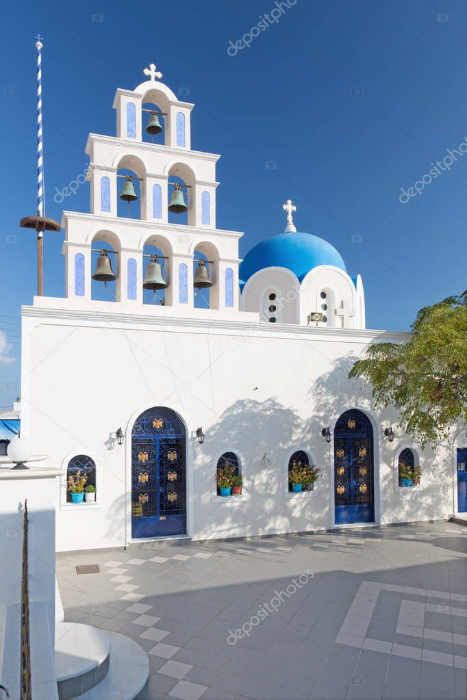 Santorini - The typicaly white-blue church ower Akrotiri (russian orthodox).