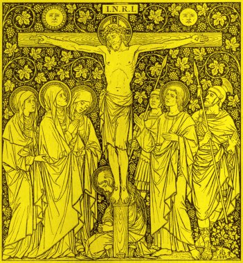 BRATISLAVA, SLOVAKIA, NOVEMBER - 21, 2016: Bilinmeyen bir ressam tarafından Yanlış Satış Romanyumunda çarmıha gerilmenin litografisi F.M.S (1892) ve Typis Friderici Pustet tarafından basıldı.