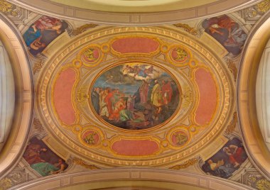 VIENNA, AUSTRIA - 19 Aralık 2016: Leopold Schulz, Ignaz Schonbrunner ve Anton Roux (1869 - 1871) tarafından tasarlanan Kirche St. Laurenz (Schottenfelder Kirche) kilisesindeki Sina Dağı freski üzerinde Musa).