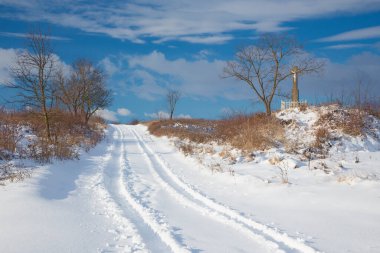 Slovakya - Sebechleby köyü yakınlarındaki kış manzarasında haç.