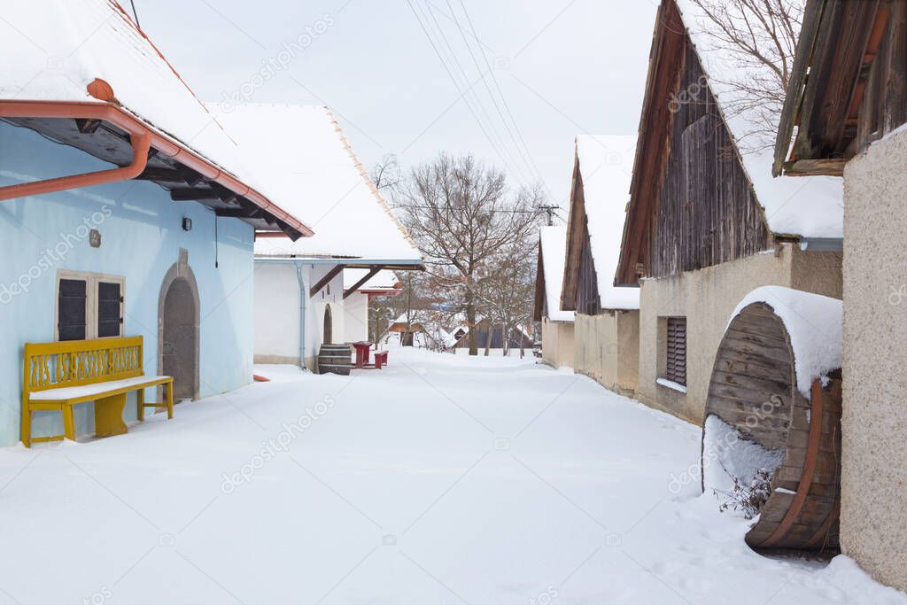 Sebechleby - The settlement of old vine cellar houses from middle Slovakia (Stara Hora) in winter.