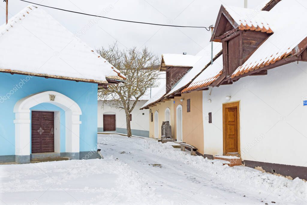 SEBECHLEBY, SLOVAKIA, JANUARY - 5, 2017: The settlement of old vine cellar houses from middle Slovakia (Stara Hora) in winter.