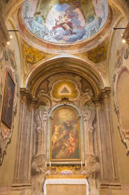 BRESCIA, İtalya - 22 Mayıs 2016: Kilisedeki Kutsal Üçlü 'nün tablosu Giuseppe Tortelli tarafından yapılan Chiesa di San Francesco d' Assisi (1738)).
