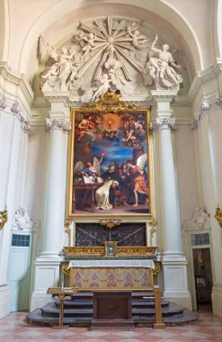 BOLOGNA, İtalya - 16 Mart 2014: Chiesa di San Domneico 'da Aquin (Doktor Angelicus) Aziz Thoma' nın tablosunun bulunduğu yan kilise (1662) Guercino 'nun Saint Dominic Kilisesi (1662)).