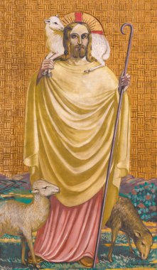 BERLİN, GERMANY, FEBRUARY - 15, 2017: The fresco of Jesus as The Good Shepherd in Rosenkranz Basilica by Theodor Nuttgens (1922).