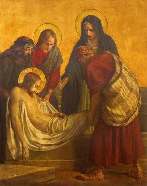 BERLİN, ALMANY, FEBRUARY - 16, 2017: Metal plakadaki boya, Aziz Matthew Kilisesi 'ndeki İsa' nın Gömülüşü, Philipp Schumacher (1907 - 1915)).