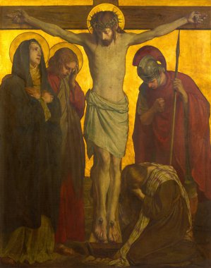 BERLİN, GERMANY, FEBRUARY - 16, 2017: Metal plakadaki boya St. Matthew kilisesinde çarmıha gerilme Philipp Schumacher (1907 - 1915)).