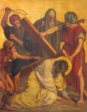 BERLİN, GERMANY, FEBRUARY - 16, 2017: Metal plakadaki boya - İsa, Philipp Schumacher tarafından St. Matthew kilisesinde çarmıha gerildi (1907 - 1915).