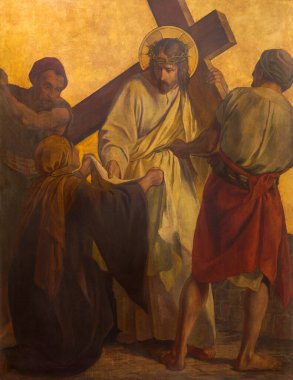 BERLİN, ALMANY, FEBRUARY - 16, 2017: Metal plakadaki boya - Veronica, Philipp Schumacher (1907 - 1915) tarafından St. Matthew kilisesindeki İsa 'nın yüzünü siler.).