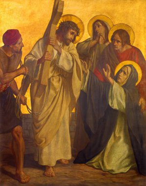 BERLİN, GERMANY, FEBRUARY - 16, 2017: Metal plakadaki boya - İsa, Aziz Matthew Kilisesi 'nde annesi Meryem' le buluştu (1907 - 1915)).