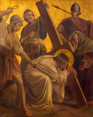 BERLİN, GERMANY, FEBRUARY - 16, 2017: Metal plakadaki boya - İsa, Philipp Schumacher tarafından St. Matthew kilisesinde çarmıha gerildi (1907 - 1915).