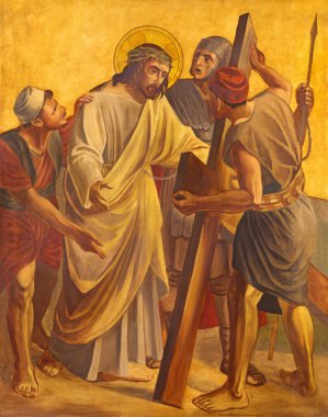 BERLİN, GERMANY, FEBRUARY - 16, 2017: Metal plakadaki boya - İsa, Philipp Schumacher (1907 - 1915) tarafından St. Matthew kilisesinde ölüme mahkum edilmiştir.).