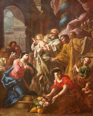 TURIN, İTALYA - 16 Mart 2017: 17 sentlik meçhul sanatçı tarafından Chiesa di San Massimo kilisesindeki tapınakta İsa 'nın sunumunun resmi..