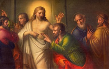 TURIN, İTALYA - 13 Mart 2017: 18. sentin tanınmayan sanatçısı Chiesa di Santo Tomaso 'nun Kilisesindeki Aziz Thomas' ın Şüphesi tablosu..