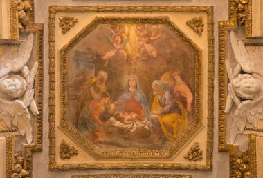 TURIN, İTALYA - 15 Mart 2017: 17. sentin bilinmeyen sanatçısı tarafından Chiesa di San Francesco da Paola kilisesindeki İsa 'nın doğuşu freski..