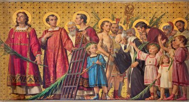 TURIN, İTALYA - 15 Mart 2017: Enrico Reffo 'nun Chiesa di San Dalmazzo (1831-1917) kilisesinde kutsal amiranelerin sembolik freski).