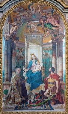 TURIN, İTALYA - 16 Mart 2017: Kilisede azizlerle birlikte Madonna 'nın resmi Chiesa di San Filippo Neri, Enrico Reffo (1891)).