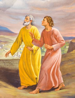 TURIN, İTALYA - 13 Mart 2017: St. John ve Peter 'ın kilisedeki boş mezara yaptığı fresk koşusu C. Secchi tarafından 20 cent' den..