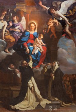 TURIN, İTALYA - 14 Mart 2017: St. Dominic ve St. Catherine Kilisesinde Meryem Ana 'nın Tablosu Chiesa di San Domenicoby Giovanni Francesco Barbieri (1635)).