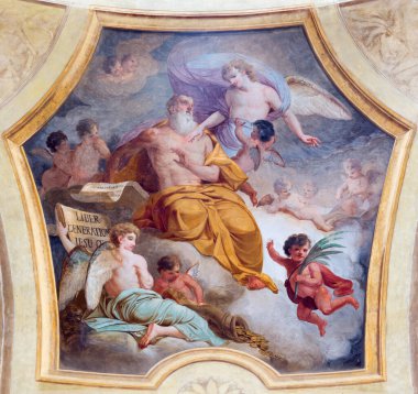 TURIN, İtalya - 13 Mart 2017: Carlo Felice 'nin (1827) kilisesindeki Evangelist Aziz Matthew' un freski).