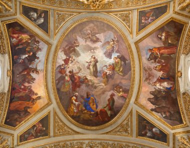 TURIN, İtalya - 14 Mart 2017: Chiesa dei Santi Martiri Kilisesi 'nde Bakire Meryem' in tavan freski Pellegrino Tibaldi 1527 - 1596.