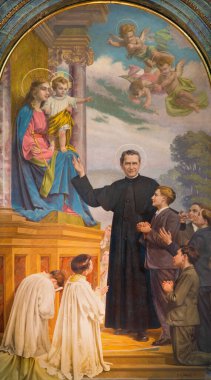 TURIN, İTALYA - 15 Mart 2017: Don Bosco ve Mary 'nin tablosu Kilisedeki Hıristiyanların Bazilika Maria Ausiliatrice' ine yardım eden Paolo Giovanni Crida (1941).