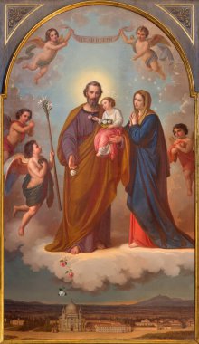 TURIN, İtalya - 15 Mart 2017: Kilisedeki Kutsal Aile Tablosu Maria Ausiliatrice by Tommaso Lorenzone (1824 - 1902)).