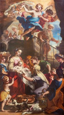 TURIN, İTALYA - 16 Mart 2017: Legnanino 'nun Chiesa di San Massimo kilisesinde Meryem' in Doğuşu tablosu (1707)).