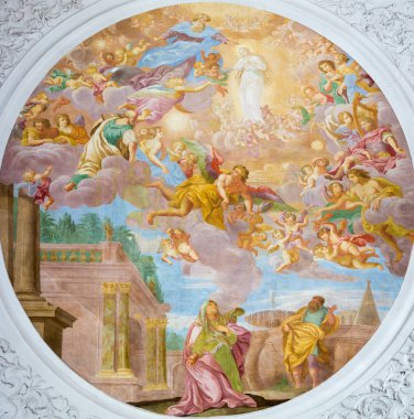 VIENNA, AUSTRIA - 30 Temmuz 2014: Die Erwhlung Mariens 'in freski - 18 sentten itibaren Antoni Galliardi tarafından Pfarkirche Maria Hietzing kilisesinde Meryem Ana' nın seçilmesi..