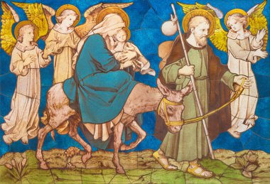 BÜYÜK BRİTAN - 17 Eylül 2017: The Flight to Egypt 'ın fayanslı mozaiği 19. sentten itibaren St. James İspanyol Yerinin kilisesinin mihrabında..