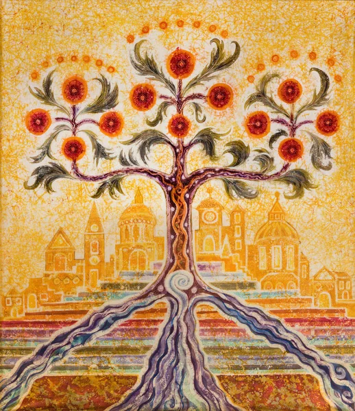2017年9月18日 泰提斯 布莱克 Tetis Blacker 创作的现代象征生命树与圣城耶路撒冷教堂圣伯托尔菲祭坛的绘画 — 图库照片