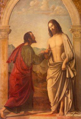 LONDON, GREAT BRITAIN - SEPTEMBER 18, 2017: The painting of Christ appearing to the doubting Thomas in church Immaculate Conception, Farm Street based on a original by Cima da Conegliano 1459 - 1517. clipart