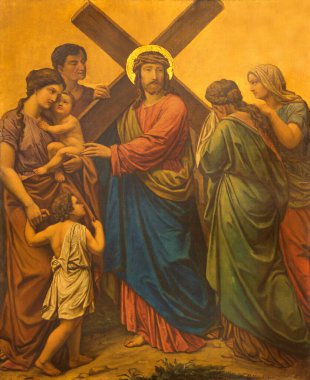 LONDON, GREAT BRITAIN - 17 Eylül 2017: Tablo İsa, St. James İspanyol Kilisesi 'ndeki Haç İstasyonu olarak Kudüs kadınlarıyla buluşur.).