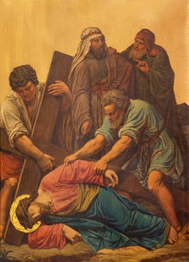 LONDON, GREAT BRITAIN - 17 Eylül 2017: Tablo İsa, M. Jacob tarafından St. James İspanyol Kilisesi 'nin Haç İstasyonu olarak çarmıha gerildi.).