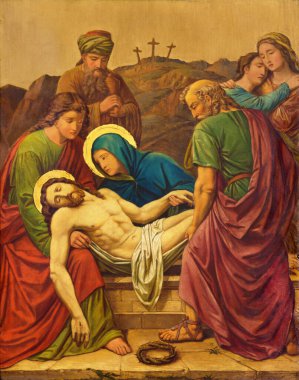 LONDON, GREAT BRITAIN - 17 Eylül 2017: St. James İspanyol Kilisesi 'ndeki Haç İstasyonu olarak İsa' nın gömülmesi M. Jacob tarafından (1873)).