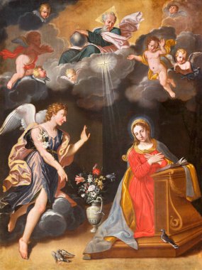 PARMA, ITALY - APRIL 16, 2018: The painting of Annunciation in church Chiesa di San Vitale by Giuseppe Fava (1688). clipart