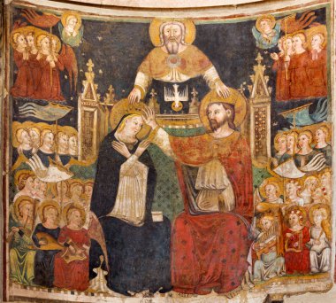 PARMA, İtalya - 16 Nisan 2018 Vaftizdeki Bakire Meryem 'in Taç Giyme Töreni freski 14 - 15 sent..