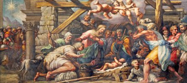 PARMA, ITALY - 16 Nisan 2018: Lattanzio Gambara (1567 - 1573) tarafından Duomo 'daki İsa' nın Doğuşunun Freski).