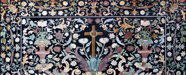 PARMA, ITALY - APRIL 15, 2018: The stone floral mosaic (Pietra Dura) with the cross on the side altar in church  Chiesa di Santa Cristina