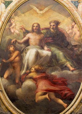 PARMA, İtalya - 17 Nisan 2018: 19. sentten itibaren Chiesa di Santa Teresa kilisesinin ana sunağında bulunan Kutsal Üçleme 'nin resmi..