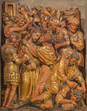 ZARAGOZA, SPAIN - 3 Mart 2018: Polichome Damian Forment 'ın 1519 tarihli San Miguel de los Navarros Kilisesi' ndeki Gethsemane bahçesinde İsa 'nın Batray' inin rönesansını oydular (İsa 'nın Yarasası).).