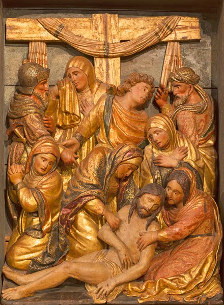 Zaragoza Spain March 2018 Polychome Carved Renaissance Relief Deposition Corss — Stock Photo, Image