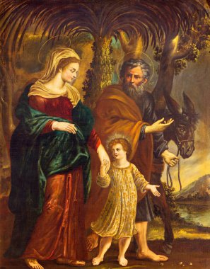 REGGIO EMILIA, ITALY - APRIL 13, 2018: The painting of Flight of Holy Family to Egypt in church Chiesa di Santo Stefano by unknown regional painter from 17. cent.. clipart