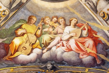 REGGIO EMILIA, ITALY - 12 Nisan 2018: The Fresco of Angels with the cupola of church Basilica di San Prospero by C. Manicardi, G. Ferrari and A. Lugli (1884-1885)).