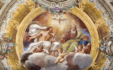 PARMA, ITALY - 16 Nisan 2018: The Holy Trinity in church Chiesa di Santa Croce - Giovanni Maria Conti della Camera (1614 - 1670).