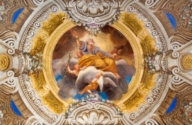 PARMA, ITALY - 16 Nisan 2018: Giovanni Maria Conti della Camera (1614 - 1670) tarafından yapılan Chiesa di Santa Croce kilisesinde Aziz Joseph 'in yüceltilmesinin tavan pervazı).