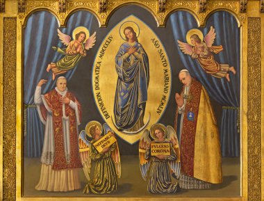 ZARAGOZA, SPAIN - 1 Mart 2018: Papa Pius X ve Papa XII. Pius 'un Baba İsa Faus' un (1953 - 1959) kilisedeki resmi).