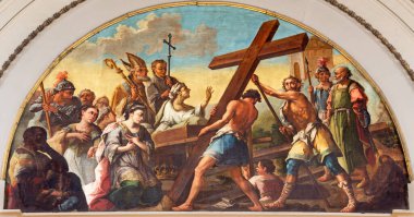 ZARAGOZA, İSPAIN - 2 Mart 2018: 18 'den kalma, Iglesia de la Exaltacin de la Santa Cruz kilisesindeki Michael Archangel' in tablosu..