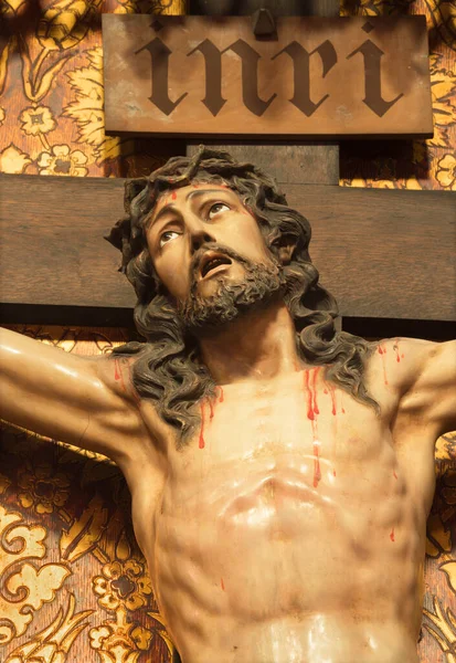 Zaragoza España Marzo 2018 Detalle Estatua Tallada Jesucristo Crucificado Iglesia — Foto de Stock