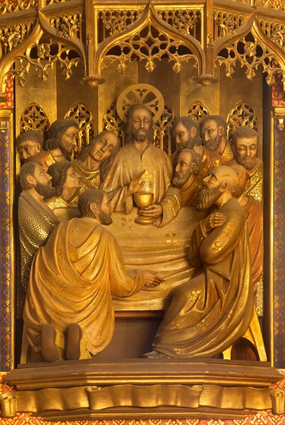 Zaragoza Hiszpania Marca 2018 Rzeźbiona Płaskorzeźba Ostatniej Wieczerzy Dawnym Kościele — Zdjęcie stockowe